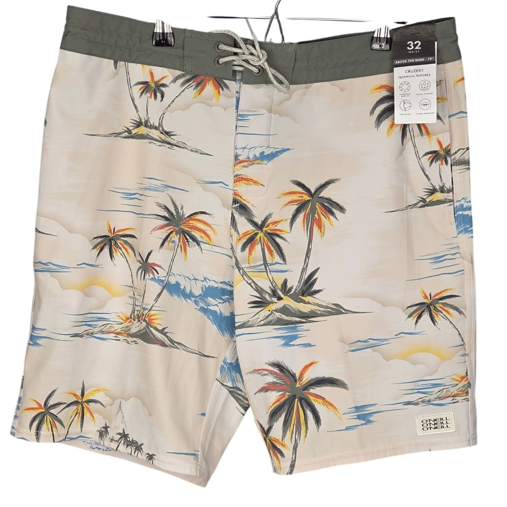 O'Neill‎ Board Shorts Mens 32 Cruzer 19" Swim Trunks Ivory Palm Tree Stretch New
